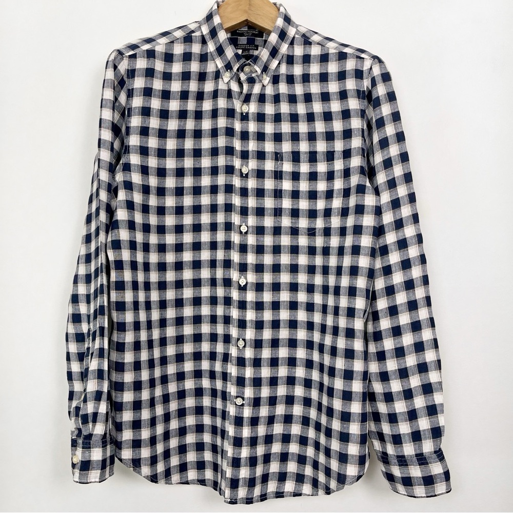 Banana Republic Men‎ Navy & White 100% Linen Plaid Long Sleeve Shirt Size Large